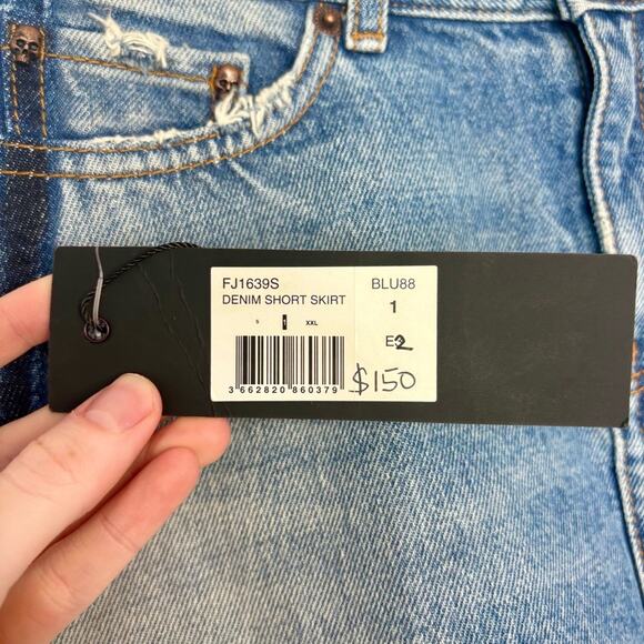 NWT THE KOOPLES JEANS Blue Raw Hem Mini Jean Short Skirt Skulls Size 1 Small - Picture 5 of 7